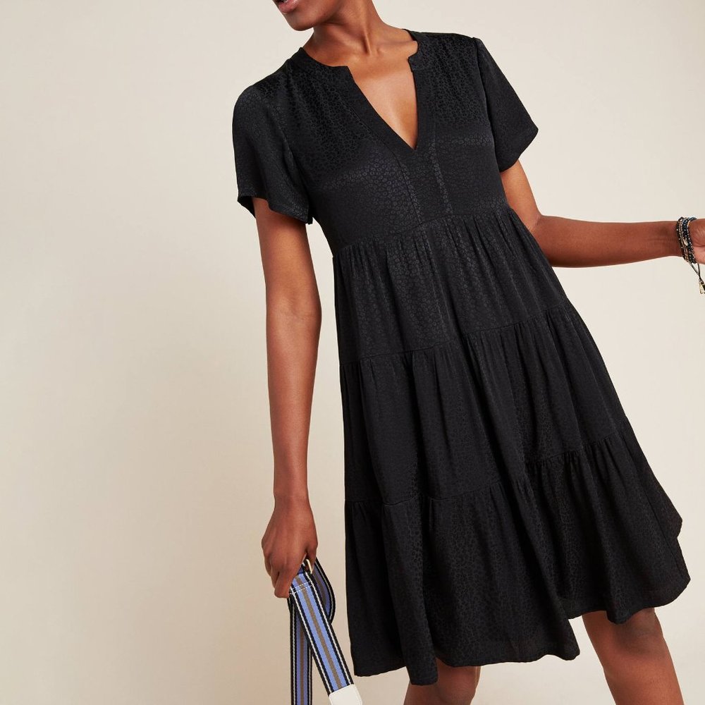 Anthropologie Black Tiered Short-Sleeve Tunic Dress
